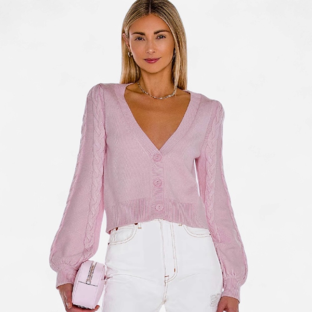 Lovers & Friends Hideaway Front Button Closure Cable Knit Cardigan Baby Pink